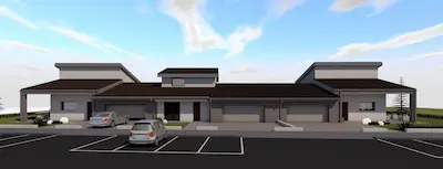 Facciata del complesso di villette trifamiliari a Bolgare, con ampi spazi esterni e parcheggi.