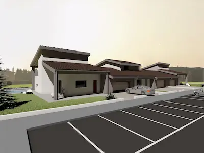 Vista delle villette trifamiliari a Bolgare con parcheggi e vialetto di ingresso