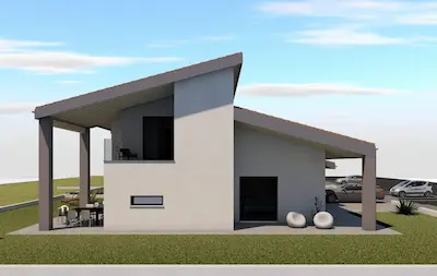 Prospetto laterale delle villette trifamiliari a Bolgare, con ampio porticato e giardino