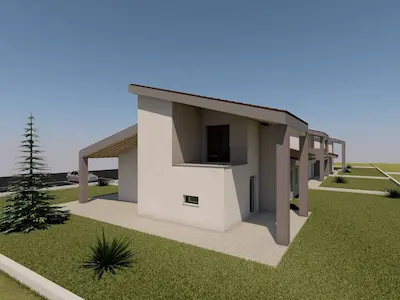 Vista frontale delle villette trifamiliari in vendita a Bolgare, con giardino privato e ingresso indipendente