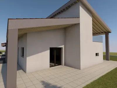 Ingresso con portico coperto delle villette trifamiliari a Bolgare, in vendita con finiture moderne